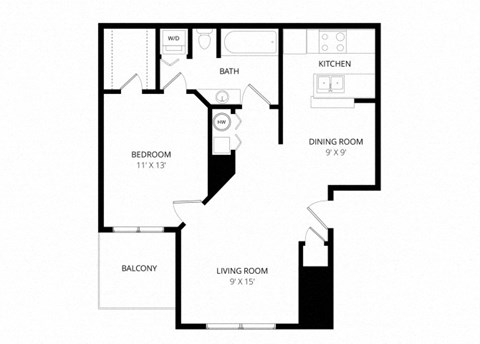 Floor plan for 1 bed, 1 bath, 674 sqft
